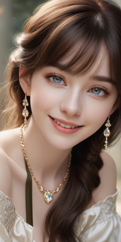 Beautiful, soft light, (beautiful and delicate eyes), very detailed, pale skin, big smile, (long hair), dreamy, medium chest, female 1, ((front shot)), bangs, soft expression, height 170, elegant , Bright smile, 8k art photo, photorealistic concept art, realistic, person, small necklace, off shoulder, small earrings, fantasy, jewelry, shyness, dreamy soft image, masterpiece, ultra high resolution, skirt, shirt, jacket, color , (both eyes (He gently closes his eyes, raises his head slightly, and appears absorbed in pleasant thoughts),dragon