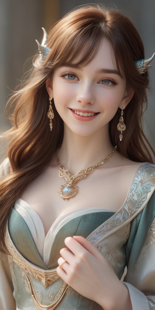 Beautiful, soft light, (beautiful and delicate eyes), very detailed, pale skin, big smile, (long hair), dreamy, medium chest, female 1, ((front shot)), bangs, soft expression, height 170, elegant , Bright smile, 8k art photo, photorealistic concept art, realistic, person, small necklace, small earrings, fantasy, jewelry, shyness, dreamy soft image, masterpiece, ultra high resolution, skirt, shirt, jacket, color , (both eyes (He gently closes his eyes, raises his head slightly, and appears absorbed in pleasant thoughts),dragon