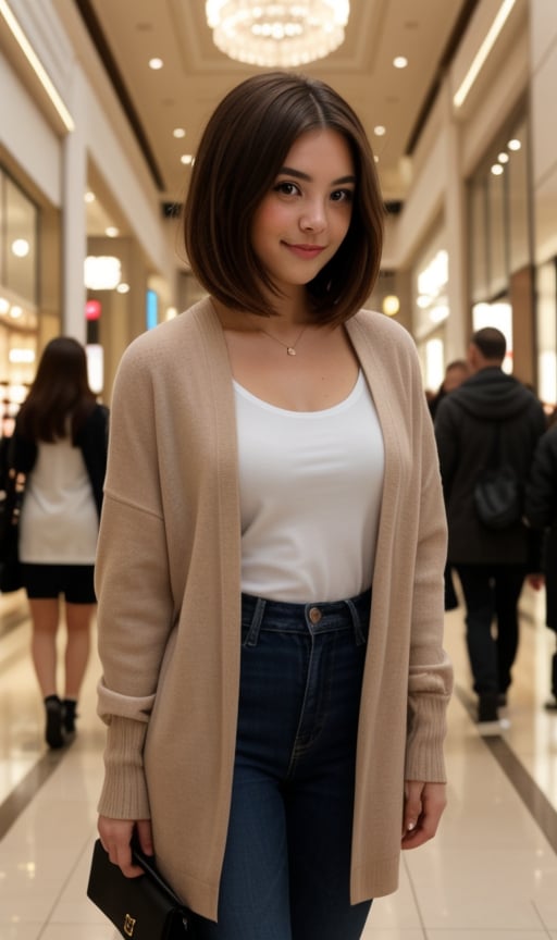 Elegant sorority sister flaunts her confident charm, partially covered in shadow, amidst the dimly lit bustle of a crowded luxury mall. Shallow depth of field and Chiaroscuro Lighting Style emphasize her stunning features, while lens flare (0.4) and cinematic bokeh (1.3) add a touch of drama to the scene. She poses shamelessly, her blond tips framing her bleach-brown bob hair as she lets loose with friends.