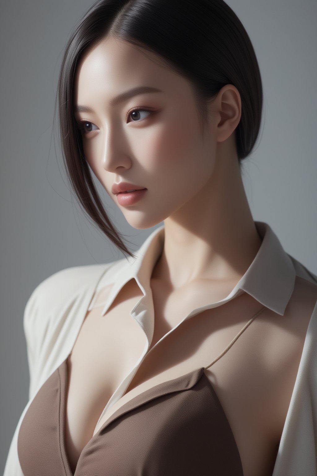 A high-fashion magazine cover featuring a close-up, upper-body shot of a beautiful Japanese female model with an enhanced bust size, confidently posing with elegance. Her sharp yet graceful facial features are highlighted, and she wears a stylish, modern outfit that accentuates her figure while maintaining a sophisticated and polished look. The background is a neutral gray with professional, quality lighting that enhances her photorealistic skin texture. 