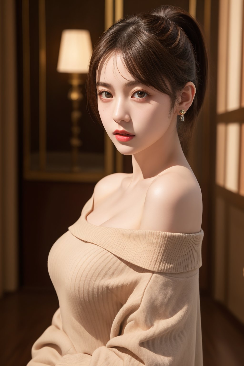 (best quality, masterpiece:1.2), photorealistic, ultra high res, front lighting, intricate detail, Exquisite details and textures, 1girl, (young), face highlight, upper body, off shoulder, nude, detailed face, tear mole, white skin, dark brown hair, ponytail,layered hair, looking at viewer, big eyes, black sweater, (hollow pattern), cape, earrings, (medium breasts:1.2), slim body, royal palace, luxury room, stained glass, professional lighting, photon mapping, radiosity, physically-based rendering,poakl