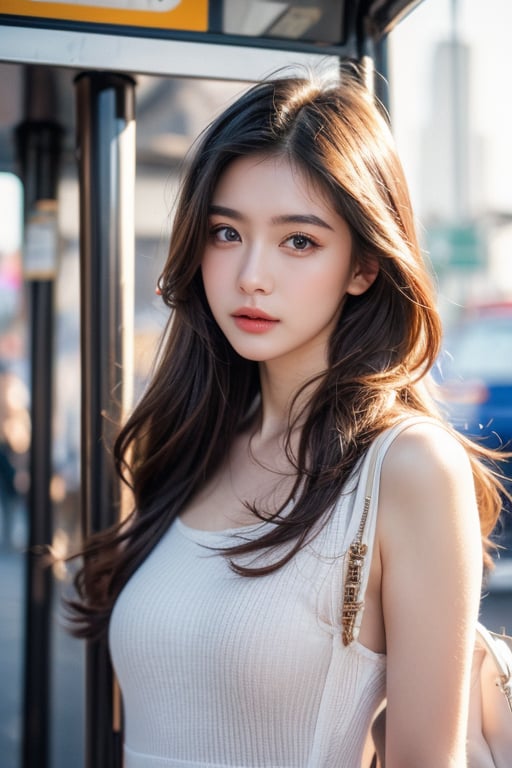 (Best quality, 8k, 32k, raw photo, photorealistic, UHD:1.2), upper body, stunning beauty, (smooth hair), beautiful double eyelids, highly detailed glossy blue eyes, detailed facial, (8k, RAW photo, best quality, masterpiece:1.2), the middle of the busy and crowded city, at the bus stop, among the people at the stop, waiting for the bus to arrive ((wide perspective), hyper realistic, ((wide perspective photography)) digital art, modern, stylish, highly detailed, colorful, smooth, attractive, beautiful, soft smile, soft lips, sexy, far angle, wide angle, flat chested,1girl