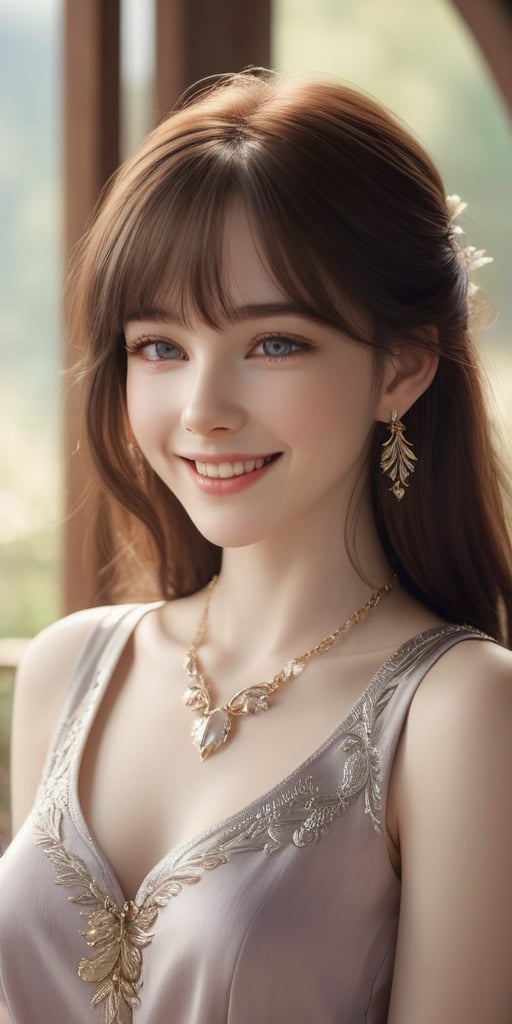 Beautiful, soft light, (beautiful and delicate eyes), very detailed, pale skin, big smile, (long hair), dreamy, medium chest, female 1, ((front shot)), bangs, soft expression, height 170, elegant , Bright smile, 8k art photo, photorealistic concept art, realistic, person, small necklace, small earrings, fantasy, jewelry, shyness, dreamy soft image, masterpiece, ultra high resolution, skirt, shirt, jacket, color , (both eyes (He gently closes his eyes, raises his head slightly, and appears absorbed in pleasant thoughts),dragon