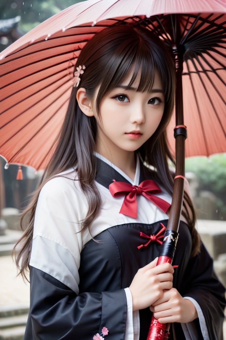 The 18-year-old girl standing in the center of the solemn shrine, the cute 18-year-old Japanese idol holding the M5cy7h3XL sickle, Sakura, photo_b00ster, Don, cute and beautiful face, detailed face, perfect face, perfect model figure, (((huge Complex, multi-layered, beautiful)))++, cute and weak The cold and rough (((umbrella))) forms a strong contrast)