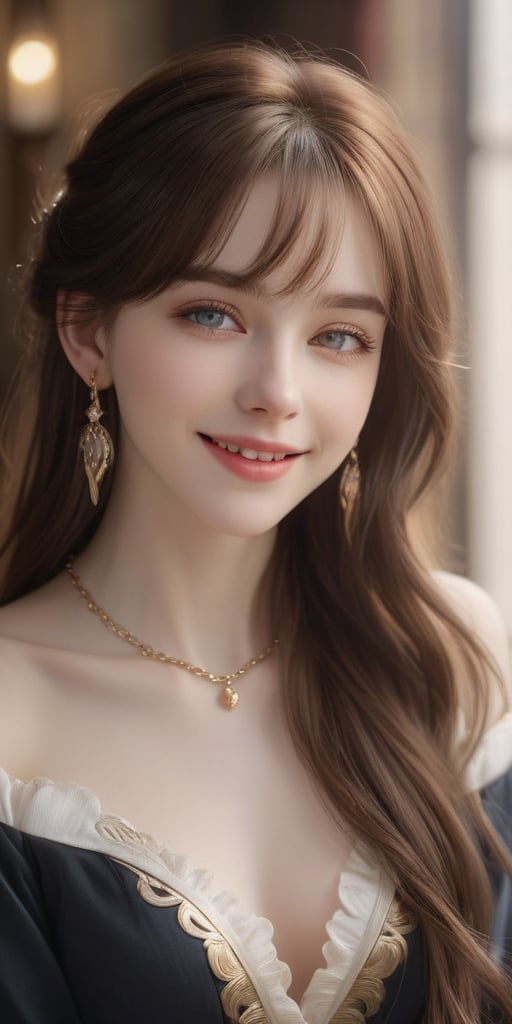 Beautiful, soft light, (beautiful and delicate eyes), very detailed, pale skin, big smile, (long hair), dreamy, medium chest, female 1, ((front shot)), bangs, soft expression, height 170, elegant , Bright smile, 8k art photo, photorealistic concept art, realistic, person, small necklace, off shoulder, small earrings, fantasy, jewelry, shyness, dreamy soft image, masterpiece, ultra high resolution, skirt, shirt, jacket, color , (both eyes (He gently closes his eyes, raises his head slightly, and appears absorbed in pleasant thoughts),dragon