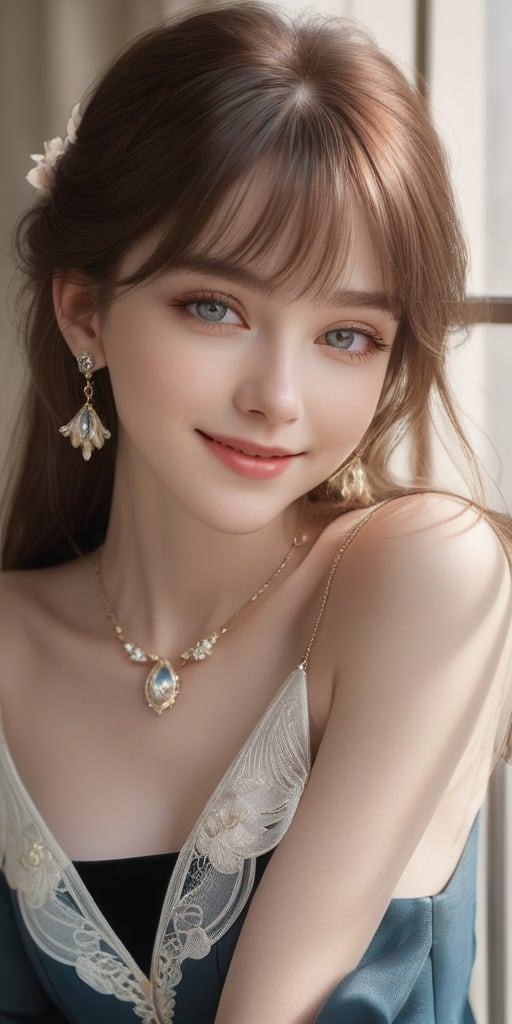 Beautiful, soft light, (beautiful and delicate eyes), very detailed, pale skin, big smile, (long hair), dreamy, medium chest, female 1, ((front shot)), bangs, soft expression, height 170, elegant , Bright smile, 8k art photo, photorealistic concept art, realistic, person, small necklace, off shoulder, small earrings, fantasy, jewelry, shyness, dreamy soft image, masterpiece, ultra high resolution, skirt, shirt, jacket, color , (both eyes (He gently closes his eyes, raises his head slightly, and appears absorbed in pleasant thoughts),dragon