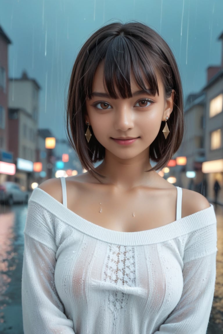 masterpiece_best_quality_8k, (looking at the viewer: 1.1), beautiful_hot_seductive_woman_woman_with_tanned_skin_small_breasts_shoulder_hair_earring(eye contact: 1.1), beautiful_face, (detailed face: 1.2), (animated: 1.2), hyper_detailed_best_quality,_ultra_high_resolution_brown_hair_bangs, cozy_house_interior_photorealistic_high_resolution_detailed_raw photo, 1girl_blue_sweater_night_city_lights_rain_solo, upper_body,off_shoulder_open_breasts,