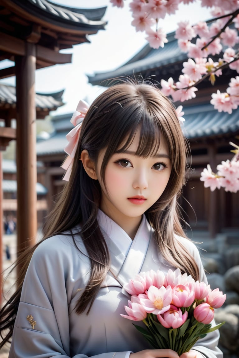 The 18-year-old girl standing in the center of the solemn shrine, the cute 18-year-old Japanese idol holding flowers, Sakura, photo_b00ster, simsuit, Don, cute and beautiful face, detailed face, perfect face, perfect model figure, (((huge Complex, multi-layered, beautiful)))++, cute and weak The cold and rough (((stick))) forms a strong contrast)