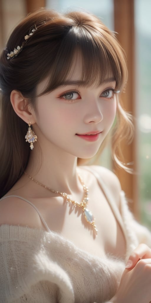 Beautiful, soft light, (beautiful and delicate eyes), very detailed, pale skin, big smile, (long hair), dreamy, medium chest, female 1, ((front shot)), bangs, soft expression, height 170, elegant , Bright smile, 8k art photo, photorealistic concept art, realistic, person, small necklace, off shoulder, small earrings, fantasy, jewelry, shyness, dreamy soft image, masterpiece, ultra high resolution, skirt, shirt, sweater, color , (both eyes (He gently closes his eyes, raises his head slightly, and appears absorbed in pleasant thoughts),dragon