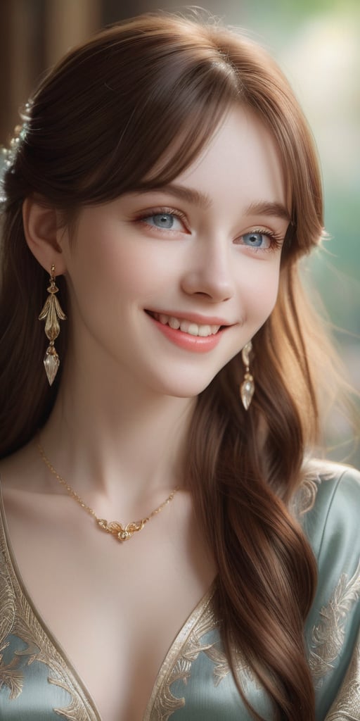 Beautiful, soft light, (beautiful and delicate eyes), very detailed, pale skin, big smile, (long hair), dreamy, medium chest, female 1, ((front shot)), bangs, soft expression, height 170, elegant , Bright smile, 8k art photo, photorealistic concept art, realistic, person, small necklace, small earrings, fantasy, jewelry, shyness, dreamy soft image, masterpiece, ultra high resolution, skirt, shirt, jacket, color , (both eyes (He gently closes his eyes, raises his head slightly, and appears absorbed in pleasant thoughts),dragon