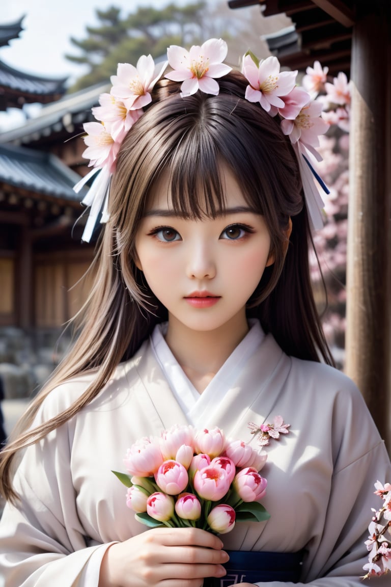 The 18-year-old girl standing in the center of the solemn shrine, the cute 18-year-old Japanese idol holding flowers, Sakura, photo_b00ster, Don, cute and beautiful face, detailed face, perfect face, perfect model figure, (((huge Complex, multi-layered, beautiful)))++, cute and weak The cold and rough (((stick))) forms a strong contrast)