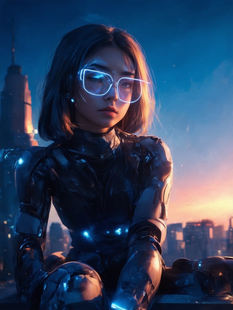 A cyberpunk girl with clear neon glasses sits amidst a fantastical cityscape at sunset. Golden ratio details adorn her futuristic attire as she gazes into the distance. UHD resolution preserves intricate textures on her face and cybernetic enhancements. The atmosphere is warm and inviting, with subtle light leaks and rim lighting accentuating her features. Her eyes sparkle with an inner glow, set against a deep blue background that seems to hum with vibrant complementary colors. Sharp focus brings out every detail of this digital painting masterpiece.