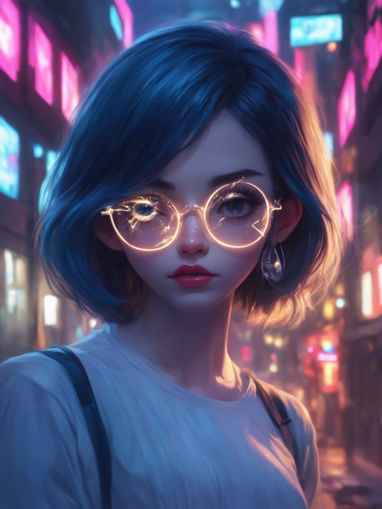 In a neon-drenched cityscape, a cyberpunk girl stands out with her clear glasses glowing like miniature suns. Framed by intricate details in the golden ratio, she exudes charm and charisma. Her face is a masterpiece of detailed features, with sharp focus on every eye crease and lip curve. Ever after high's whimsy meets Octane Render's realism in this digital painting. Artstation-worthy concept art by Loish or Wlop. (heartwarming, uplifting, charming) A true work of art, with light leaks adding a touch of magic to her rim-lit visage, set against a deep background of vibrant complementary colors.