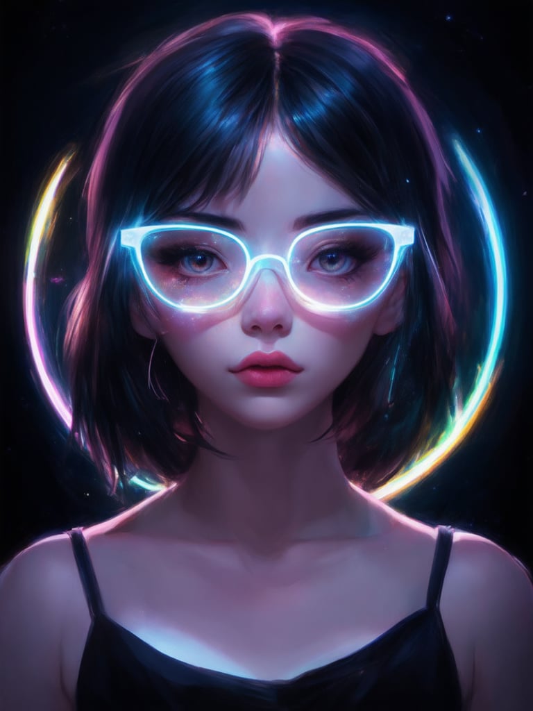 A cyberpunk girl with clear neon glasses shines bright against a decadent, highly detailed digital painting. Set within the golden ratio, she stands confidently, her intricate features illuminated by subtle light leaks and subsurface scattering. Rim light accents her striking gaze, while deep background reveals vibrant complementary colors. Sharp focus captures every delicate detail, from the smooth contours of her face to the highest quality eyes that seem to sparkle with an otherworldly charm. Masterpiece-quality illustration by Artgerm, Loish, or Wlop would bring this heartwarming, uplifting, and charming scene to life in stunning 32K UHD resolution.