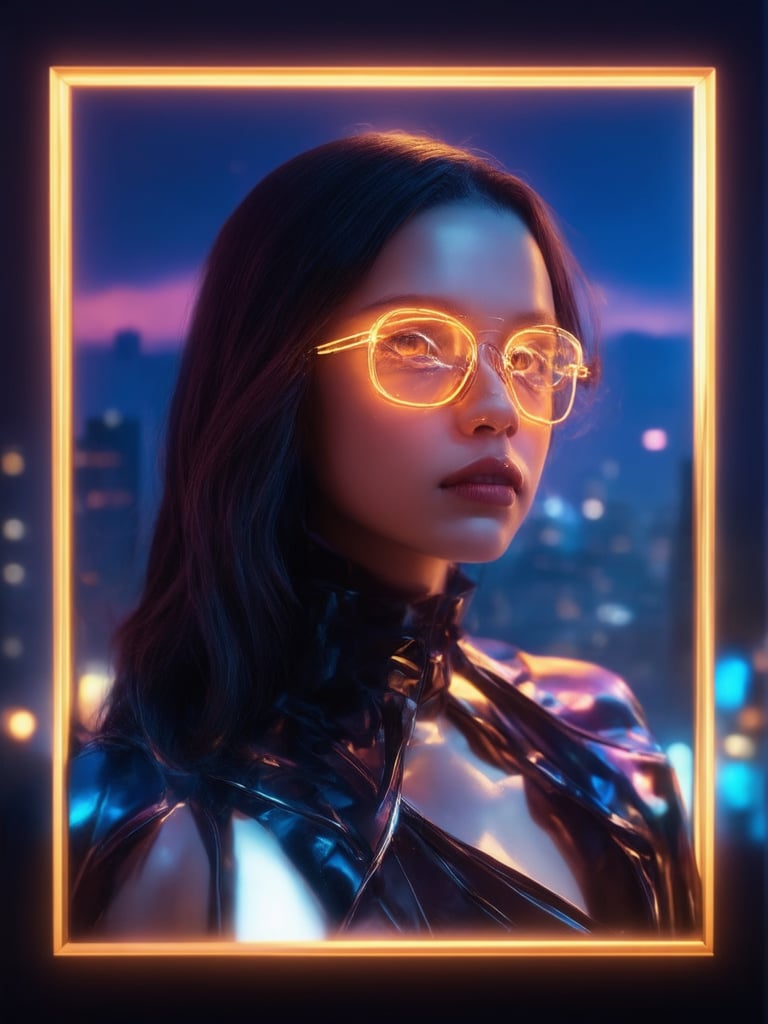 A cyberpunk maiden with clear neon glasses adorns a futuristic cityscape, bathed in warm golden light. Her intricate, decadent outfit shines with vibrant complementary hues against the deep blue-purple background. The frame is composed using the golden ratio, with smooth, sharp focus on her detailed face and eyes. Light leaks and subsurface scattering enhance the scene's ambiance, while rim lighting defines her features. (32k UHD)