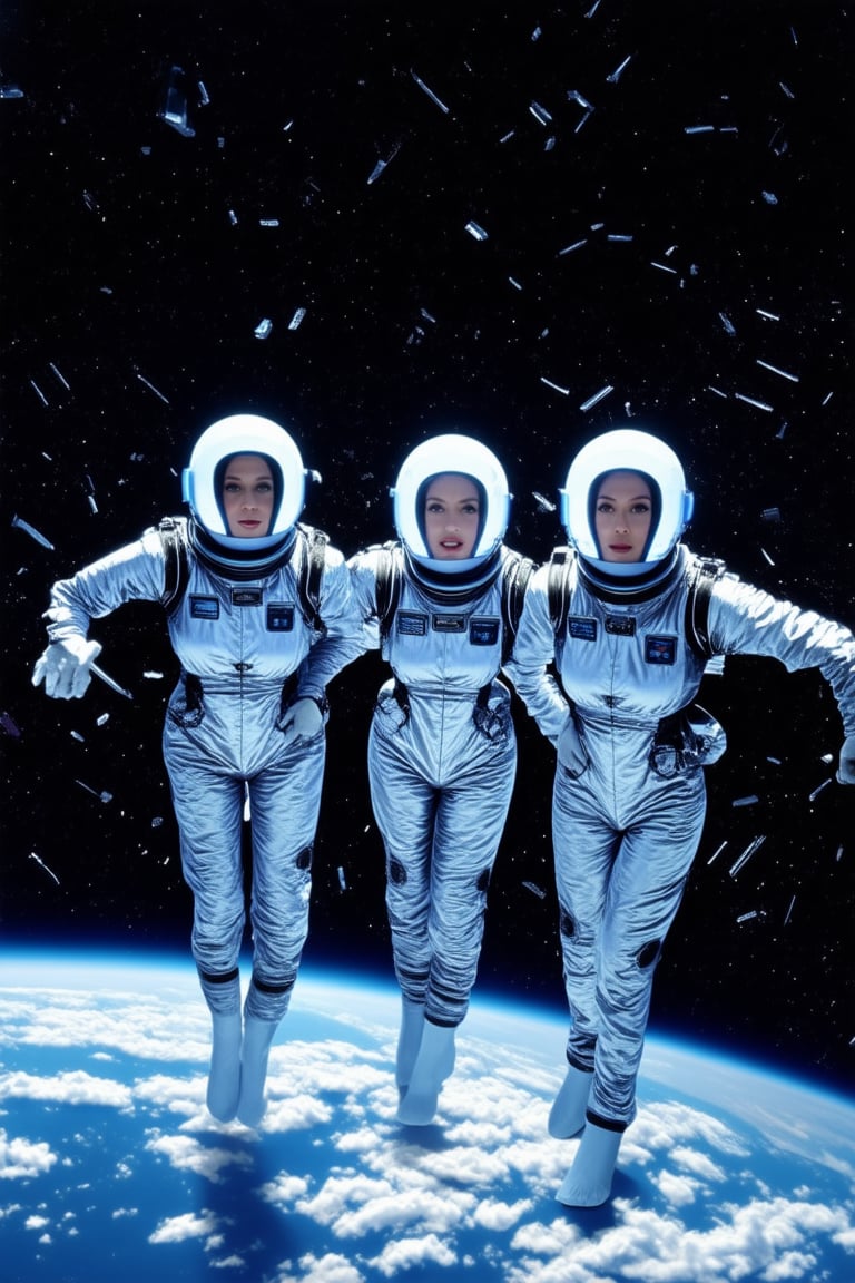 A group of four space-suited women, with shimmering silver jumpsuits and helmets adorned with glowing blue accents, float in zero-gravity against a starry black background. Their faces lit by the soft glow of instrument panels, they gaze out at the viewer with determined expressions, surrounded by wispy clouds of space debris.