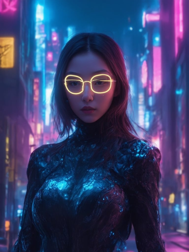 A cyberpunk heroine poses amidst a futuristic metropolis, donning clear neon glasses that refract the city's neon lights. Her intricate, golden ratio-inspired attire shimmers in UHD detail. In the midst of decadent, high-fantasy architecture, she exudes warmth and charm, her eyes gleaming with sharp focus. Soft light leaks and subsurface scattering create a sense of depth, while rim lighting highlights her delicate features. The background bursts with vibrant complementary colors, as if the city itself is alive.