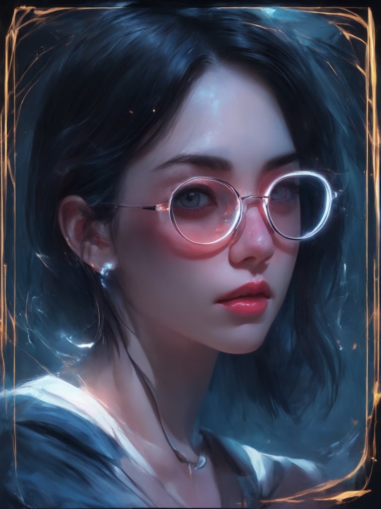 A cyberpunk beauty, wearing clear neon glasses, gazes out from a frame of intricate details within the golden ratio. Set against a deep, vibrant background, her decadent features are bathed in warm light leaks and rim lighting. Subsurface scattering adds depth to her detailed face, with sharp focus on her eyes. Surrounding elements blend seamlessly into the 32K UHD digital painting, exuding a heartwarming charm. A masterpiece of concept art, rivaling works by Artgerm, Loish, and Wlop, this illustration shines with loveliness.