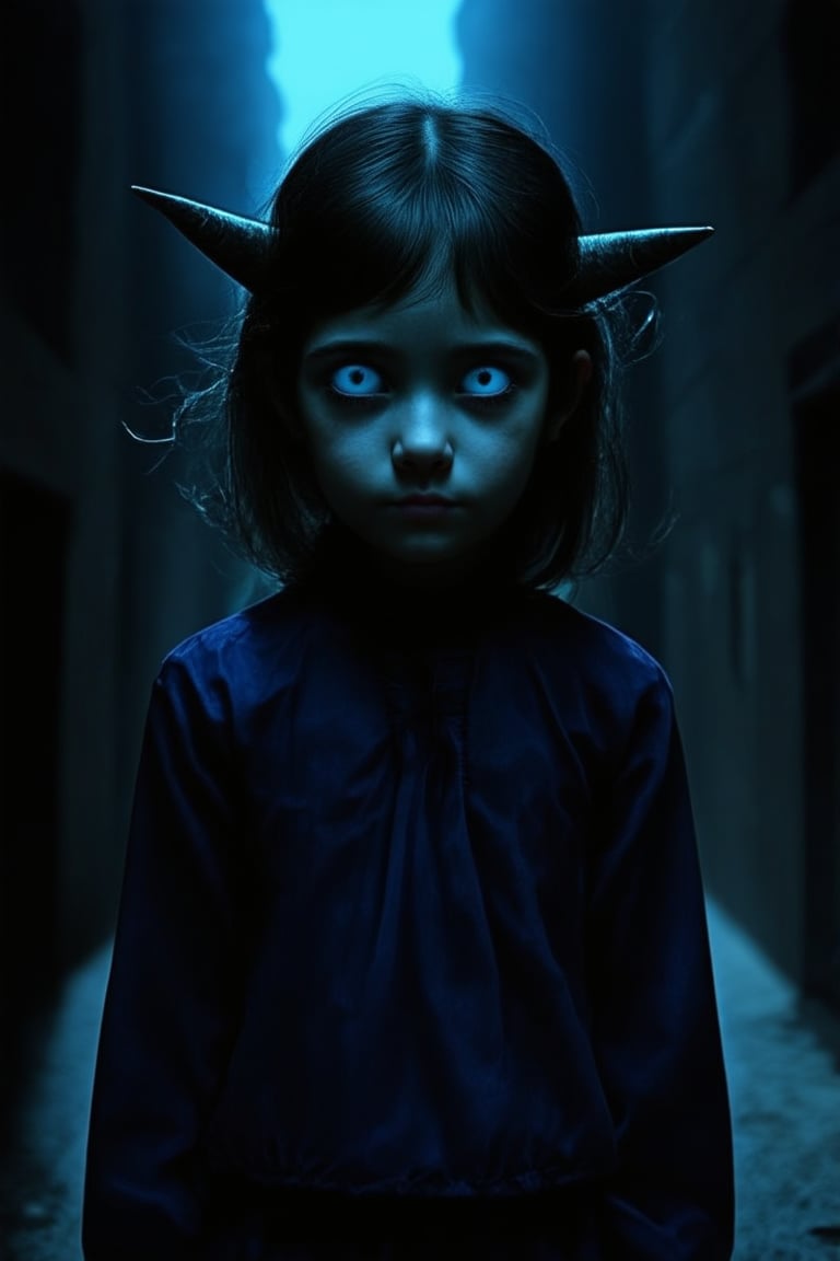 A young girl, her face glowing with an otherworldly light, stands confidently in a darkened alleyway, surrounded by eerie shadows. Her eyes gleam with mischief as she whispers secrets to the wind, her horns and pointed ears hinting at her demonic heritage.