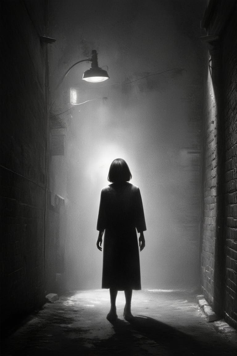 A mysterious figure stands alone in a dimly lit alleyway, surrounded by shadows that seem to have a life of their own. The only light comes from a distant streetlamp, casting an eerie glow on the subject's pale skin and dark hair. The atmosphere is thick with foreboding, as if something sinister lurks just out of sight.