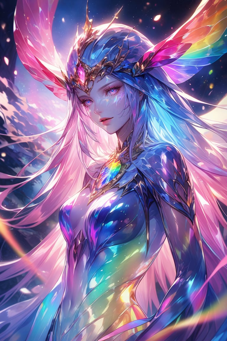 A mesmerizing close-up shot of a monster woman with a slugs-like physiology. Her translucent, iridescent skin glows with an otherworldly sheen, as if infused with the essence of mother-of-pearl. Rainbow hues radiate through her transparent body, casting a kaleidoscope of colors across the surrounding environment. The subject's eerie beauty is illuminated by soft, diffused light, accentuating the luminescent quality of her ethereal skin.