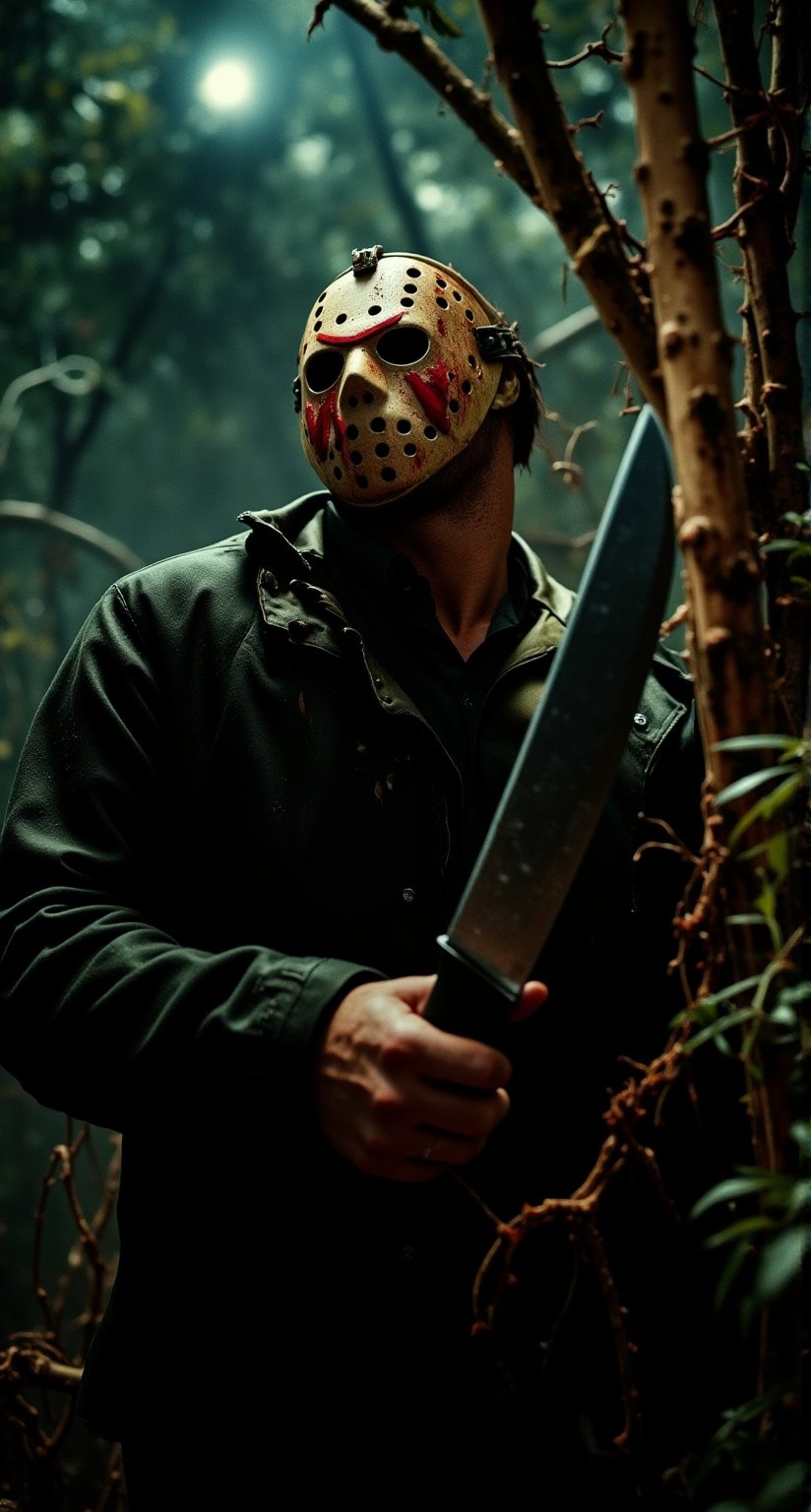 A eerie close-up shot frames Jason Voorhees' brutalized face, his iconic hockey mask smeared with crimson droplets, as he grips a menacing machete in a tight fist. The dimly lit atmosphere casts an ominous glow, while the surrounding foliage seems to writhe in terror.