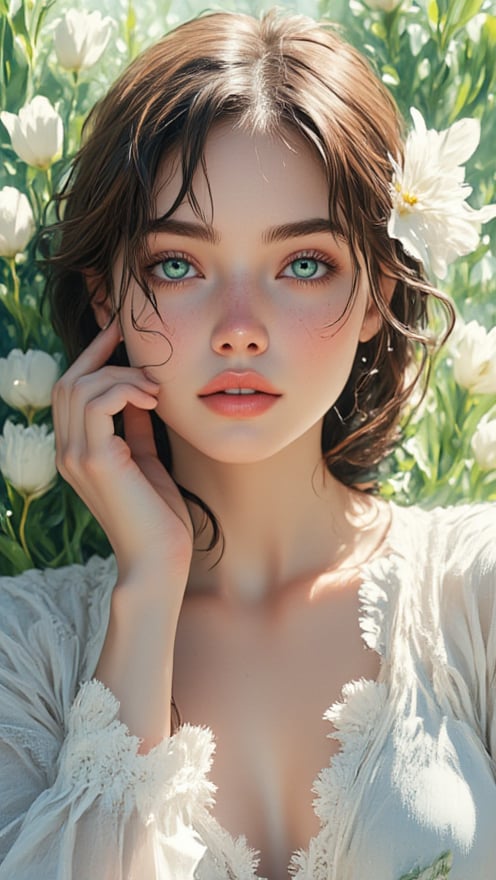 (best quality), (realistic, photo-realistic:1.3), (masterpiece:1.3), CG, unity, 8k, amazing, finely detail, ultra-detailed, highres, absurdres, ((ultra-detailed)), ((highly detailed CG illustration)), ((an extremely delicate and beautiful)), (cute delicate face), cinematic light, cinematic compotision, best shadow, extremely detailed eyes and face, beautiful detailed nose, beautiful detailed hand, beautiful detailed eyes. luminous portrait of a vibrant lime-hued young woman beaming with joy against a soft focus background of pure white tulips, subtly curved like tender petals embracing her radiant presence. The scene should exude warmth and serenity, with the girl's bright smile and gleaming beauty illuminated by gentle, diffused light.