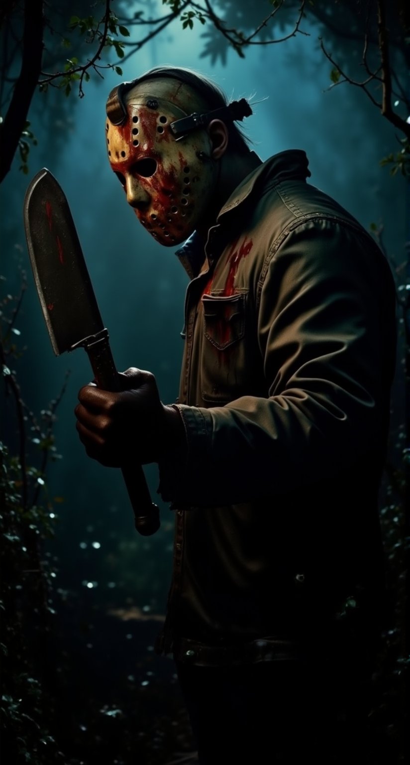 A eerie close-up shot frames Jason Voorhees' brutalized face, his iconic hockey mask smeared with crimson droplets, as he grips a menacing machete in a tight fist. The dimly lit atmosphere casts an ominous glow, while the surrounding foliage seems to writhe in terror.