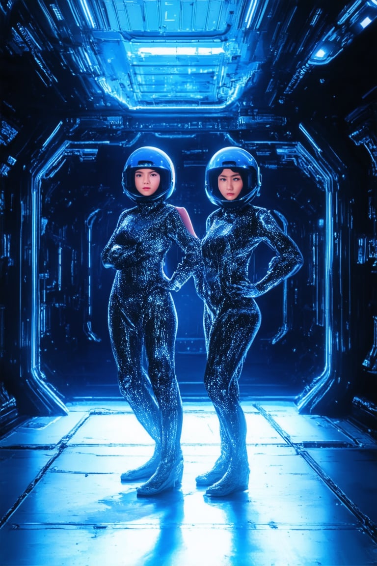 A futuristic spaceship's cargo bay is bathed in a warm, neon-lit glow. Two space girls, dressed in shimmering jumpsuits and helmets, stand back-to-back, their arms crossed and legs slightly bent, as if ready to defend the ship from an unknown threat. Their faces are calm, yet determined.