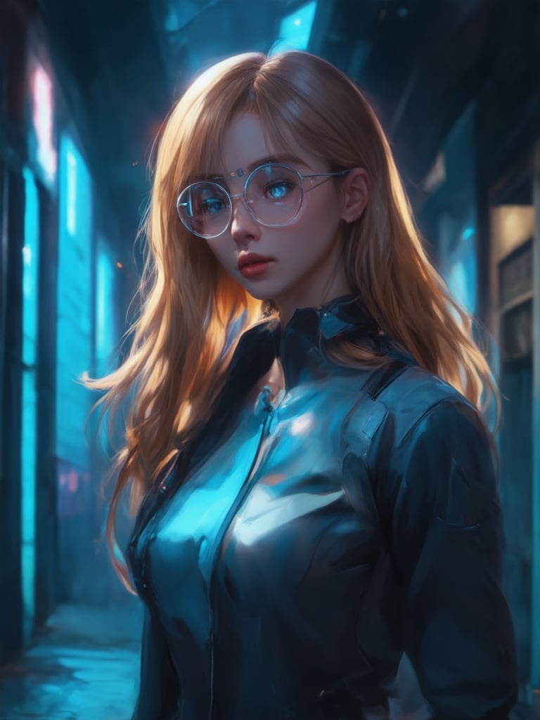 In a neon-lit alleyway, a cyberpunk girl with clear glasses shines like a beacon. Her golden ratio-posed figure is set against a decadent, highly detailed backdrop of futuristic architecture. The 32K UHD digital painting captures every intricate detail of her fantasy-inspired attire and the octane render brings her to life. The illustration exudes warmth, charm, and upliftment, reminiscent of art by Artgerm, Loish, or Wlop. Her eyes sparkle with a sharp focus, while the light leaks and subsurface scattering create a beautiful rim light. The vibrant complementary colors pop against the deep background, making this a masterpiece in every sense.