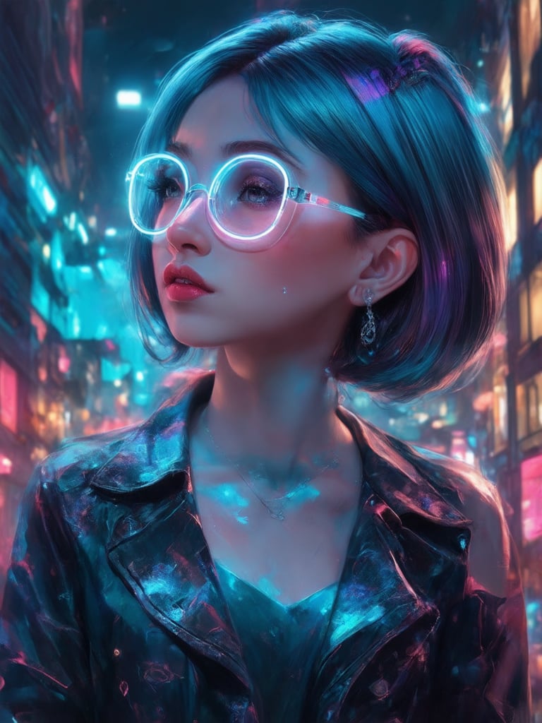 A cyberpunk beauty, radiant in clear neon glasses, gazes wistfully into the distance. Against a backdrop of swirling cityscapes, she stands out amidst intricate golden ratio details, her face a masterpiece of smooth, sharp focus and detailed features. Soft light leaks and subsurface scattering enhance the warmth of her skin, while rim lighting accentuates the contours of her face. Vibrant complementary colors dance across the scene, inviting the viewer to step into this whimsical world. Ever After High meets Octane Render in an artfully crafted digital painting, reminiscent of Artgerm's style.