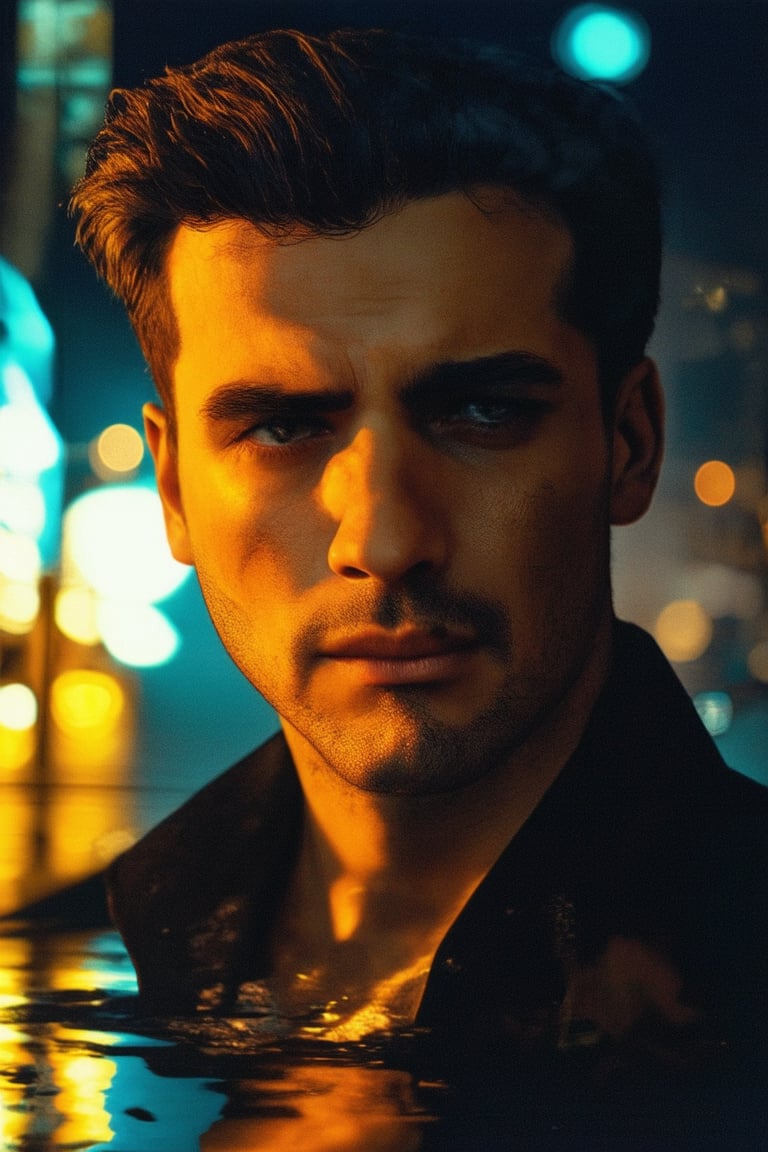 A dramatic portrait of Jero US: a close-up shot of his face, lit by a warm golden light, with subtle shadows accentuating his features. His eyes gaze intensely forward, his brow furrowed in contemplation. The background is a soft focus blur of a cityscape at night, with neon lights reflected off the wet pavement.