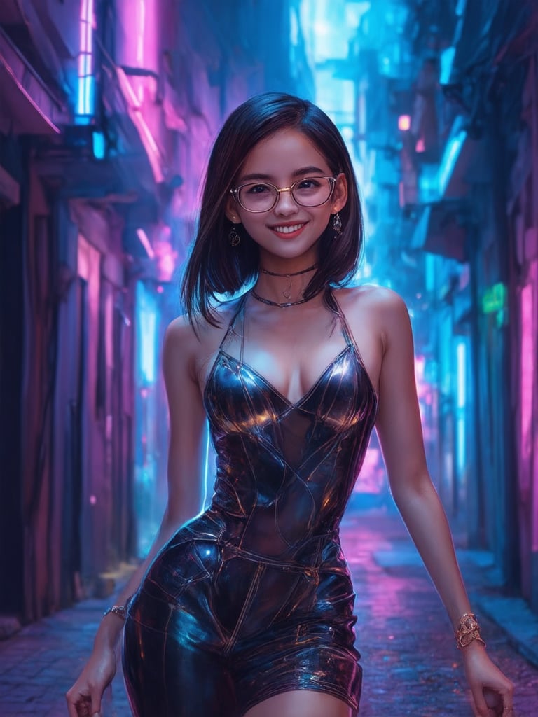 In a neon-lit cyberpunk alleyway, a stunning girl with clear glasses shines like a beacon. Golden ratio details adorn her intricate outfit as she poses confidently, surrounded by decadent, highly detailed scenery. In 32k UHD, every aspect of this digital painting masterpiece is sharp and smooth. Her ever-smiling face radiates charm, heartwarming, and uplifting energy. The background features deep shadows and vibrant complementary colors, illuminated by rim light and subtle light leaks. Subsurface scattering enhances the subject's detailed eyes, creating a truly captivating piece of art reminiscent of Artgerm or Loish.