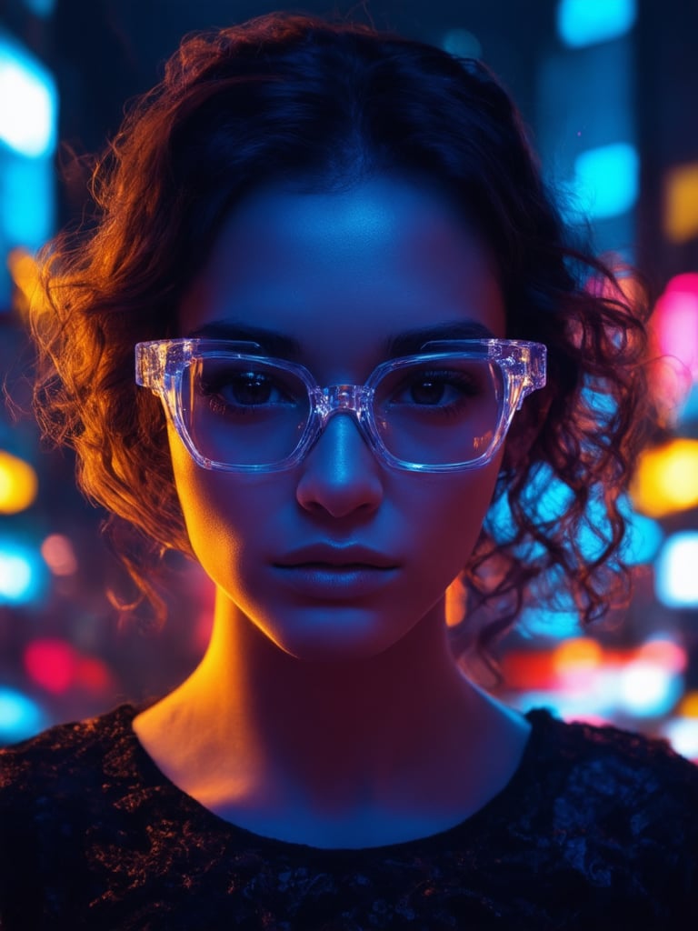 A cyberpunk beauty, radiant in neon hues, gazes directly at the viewer through clear, high-tech glasses. Framed against a dark, intricately detailed cityscape, her face is bathed in warm, golden light with subtle rim lighting. Sharp focus on her eyes, full of life and curiosity. The background bursts with vibrant colors, a symphony of complementary tones. In 32k UHD, every detail shines: from the delicate curls framing her face to the intricate city architecture.