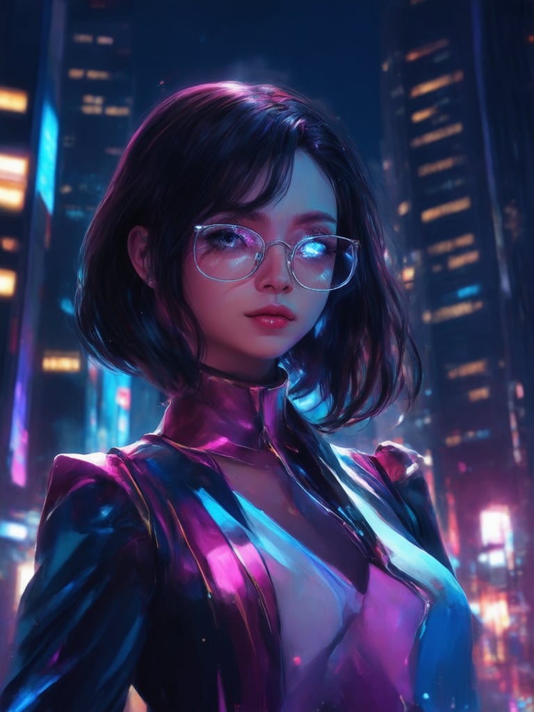 In a neon-lit cyberpunk cityscape, a captivating girl with clear glasses shines brightly. Framed by towering skyscrapers, she poses confidently, her intricate outfit radiating decadent charm. Golden ratio details harmonize with the digital painting's smooth textures and 32k UHD resolution. Her face, rendered in highest quality, beams with heartwarming warmth, while detailed eyes sparkle like diamonds. Artstation-worthy lighting features light leaks, subsurface scattering, and rim lights, casting a beautiful glow on her vibrant outfit against a deep, complementary-colored background.