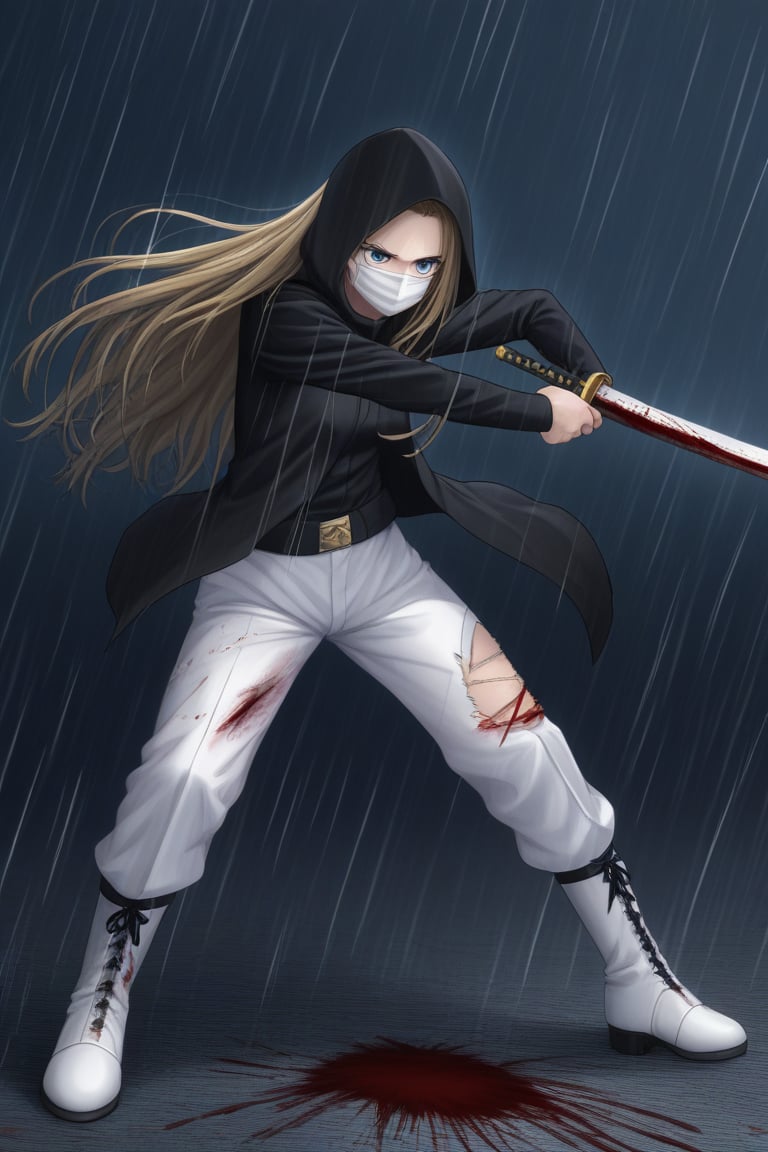 ((masterpiece, best quality)),
single woman, dark blonde hair, detailed features, blue eyes, long hair, black hood, half face mask, black samurai suit, white pants, white boots with black stripes, detailed suit, red and gold reliefs, black and torn fighting suit, suit with blood, sword, wounds, wounds all over the body, blood, pain, hurt, night background, rain, thunder in the background, anime composition.