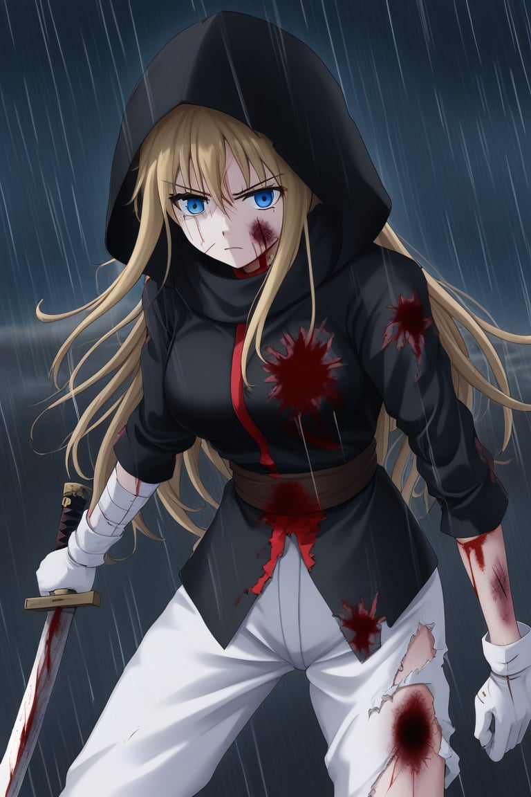 ((masterpiece, best quality)), woman, blue eyes, dark blonde hair, long hair, black hood, samurai suit, white pants, white gloves, suit with red details, black color, torn suit, bloody suit, sword, wounds, wounds all over the body, blood, serious, in a night background, rain, thunder, anime composition