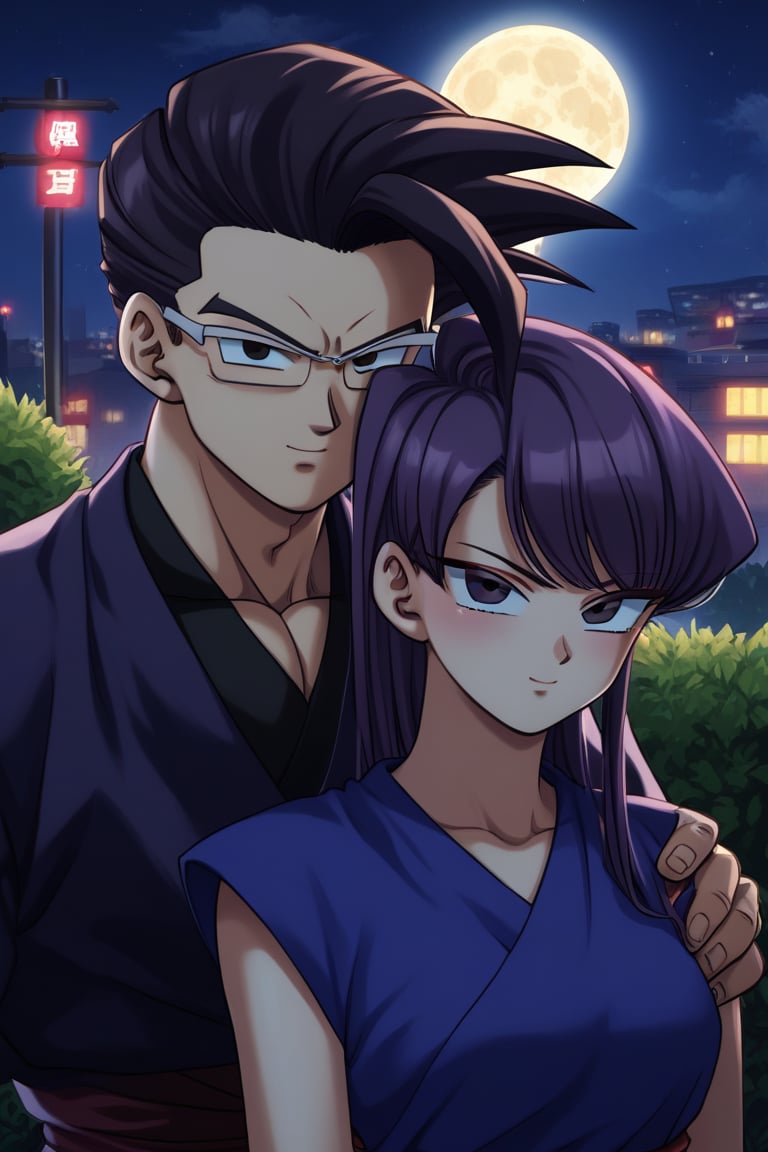 Man and woman hugging. Man wearing black framed glasses, scar on left eye running across top and bottom, serious and sharp look, dark iris, black iris, hair is black, short and spiky with locks that stand up in irregular spikes., long spiky jet black hair with a long spiky lock pointing down, jet black hair, BLACK t-shirt, half side smile. Woman smiling happily, purple eyes, sweet and cheerful expression, long straight hair, very dark purple hair, sleeveless dress, navy blue dress, dress with gold detailing, gold lace dress, dress with cut out on chest, bare chest. background: clear night, park, lights, bushes, full moon, shouko komi, sayan, future, blue clothes, source_anime, score_7_up, score_8_up, score_9, gohan_ultimate, komi shouko, gohan, black eyes, black clothes, glasses, hug, spiky hair, pompadour, long sleeves