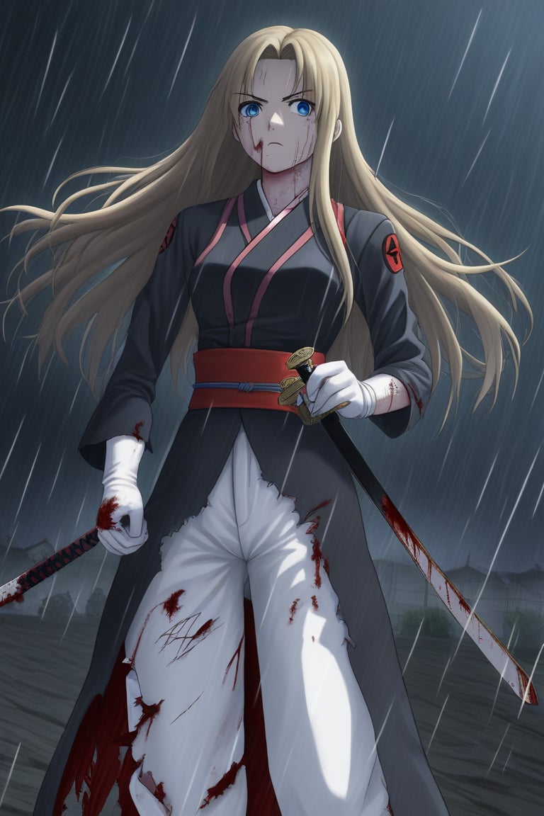 ((masterpiece, best quality)), woman, blue eyes, dark blonde hair, long hair, samurai suit, white pants, long white gloves, suit with red reliefs, black suit, torn suit, bloody suit, sword with discs on the handle, wounds, wounds all over the body, blood, serious, in a night background, rain, thunder, anime composition
