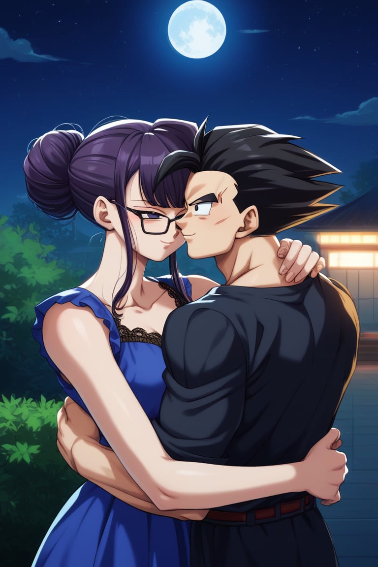 Man and woman hugging. Man with black-framed glasses, scar on left eye running along top and bottom, serious, sharp gaze, dark irises, black irises, black, short, spiky hair with locks standing up in jagged points, long, spiky jet-black hair with a long, spiky lock pointing downwards, jet-black hair, BLACK t-shirt, half-sided smile.
sayan, future, score_7_up, score_8_up, score_9, gohan_ultimate,
gohan, black eyes, black clothes, glasses, hug, spiky hair, pompadour, long sleeves, Woman smiling happily, purple eyes, sweet, cheerful expression, long, straight hair, very dark purple hair, sleeveless dress, navy blue dress, dress with gold detailing, gold lace dress, dress with cut out on chest, bare chest.dress with cut out on chest, bare chest. Background: clear night, park, lights, bushes, full moon, shouko komi, blue clothes, source_anime, score_7_up, score_8_up, score_9, gohan_ultimate, komi shouko, hug, 