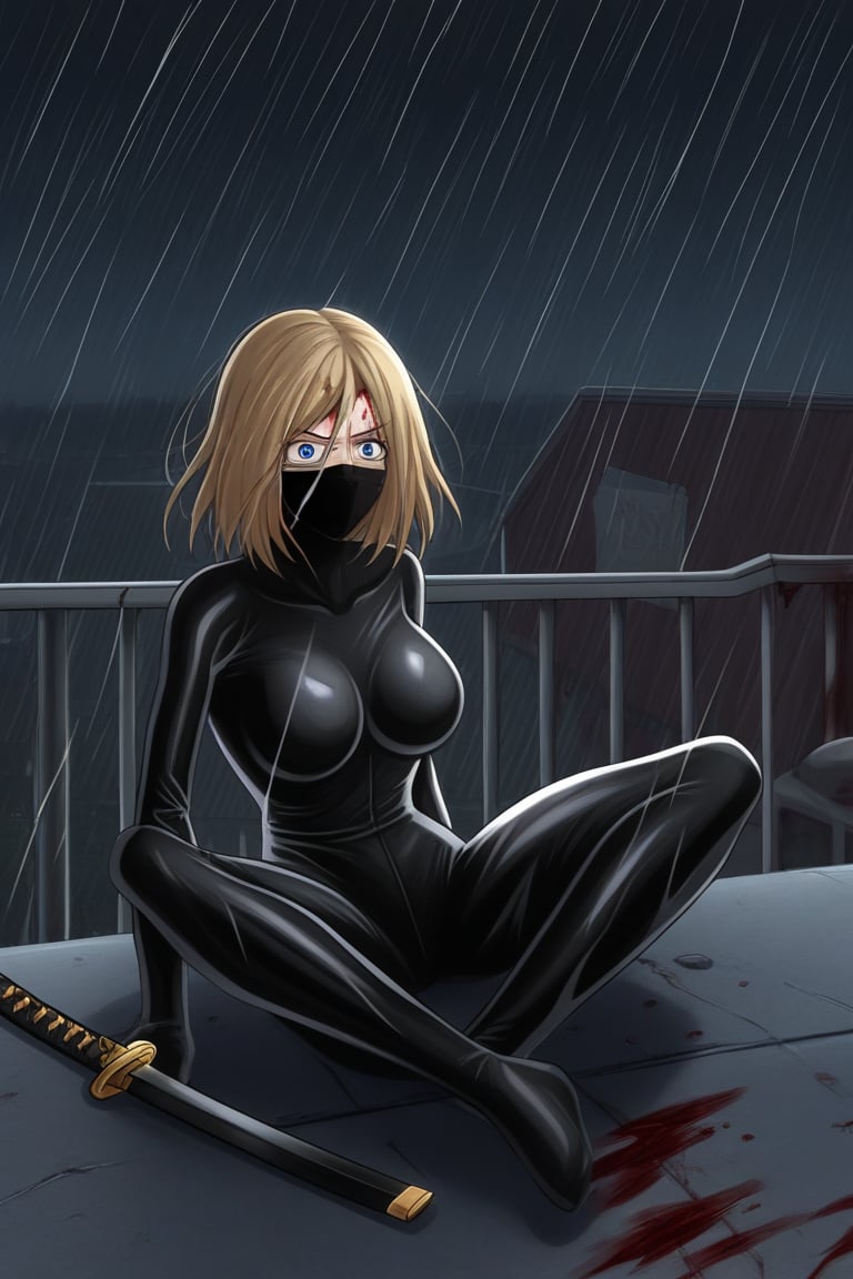 blonde woman, mature, adult, tall, outlined eyes, blue eyes, blue irises, straight hair, covered head, covered head, black face mask, latex suit, fight suit, katana with discs, wounds, wounds all over body, blood, pain, hurt, sitting, background, roof, night, rain, thunder.