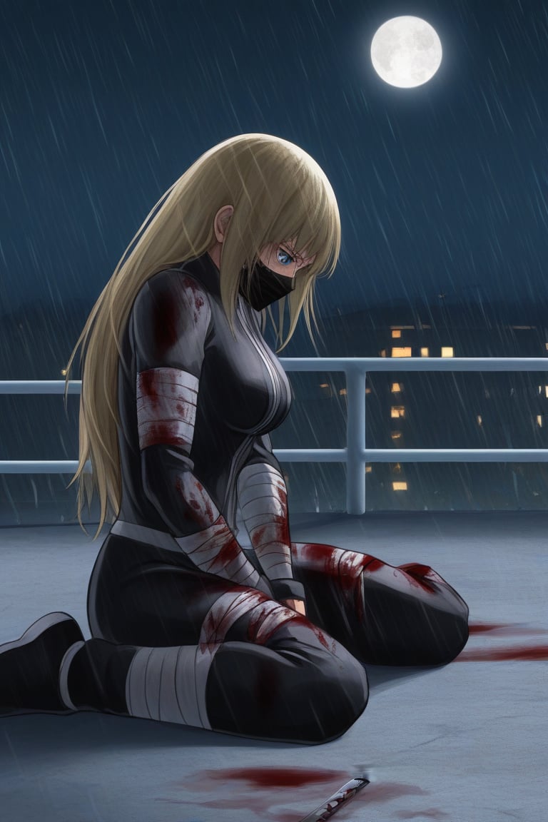 blonde woman, mature, adult, tall stature, outlined eyes, fine features, blue eyes, blue irises, straight hair, long hair, covered head, covered head, black bandages, black face mask, samurai suit, fighting suit, black samurai fighting suit, broken fighting suit, bloody suit, katana with disc, disk, small size disk, white color with black stripes, upper part drawn 空, wounds, wounds all over body, blood, broken suit, incomplete suit, pain, hurt, sitting, background, roof, night, rain, full moon,