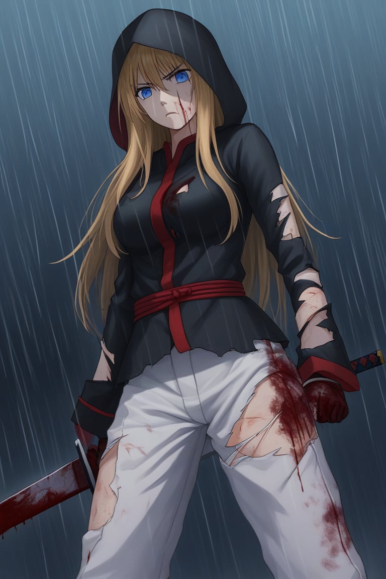 ((masterpiece, best quality)), woman, blue eyes, dark blonde hair, long hair, black hood, samurai suit, white pants, suit with red details, black color, torn suit, bloody suit, sword, wounds, wounds all over the body, blood, serious, in a night background, rain, thunder, anime composition