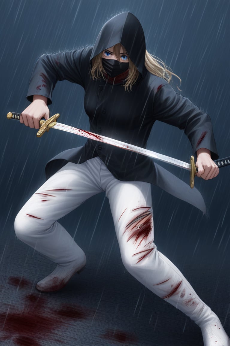 ((masterpiece, best quality)),
single woman, dark blonde hair, detailed features, blue eyes, long hair, black hood, half face mask, black samurai suit, white pants, white boots with black stripes, detailed suit, red and gold reliefs, black and torn fighting suit, suit with blood, sword, wounds, wounds all over the body, blood, pain, hurt, night background, rain, thunder in the background, anime composition.