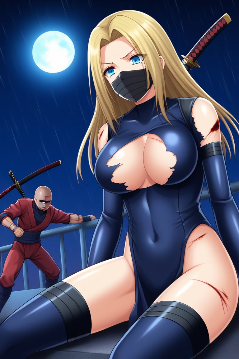 blonde woman, mature, adult, tall, outlined eyes, fine features, blue eyes, blue irises, straight hair, long hair, covered head, covered head, black bandages, black face mask, samurai suit, fighting suit, black samurai fighting suit, torn fighting suit, bloody suit, katana with discs, wounds, wounds all over the body, blood, pain, hurt, sitting, background, roof, night, rain, full moon,
