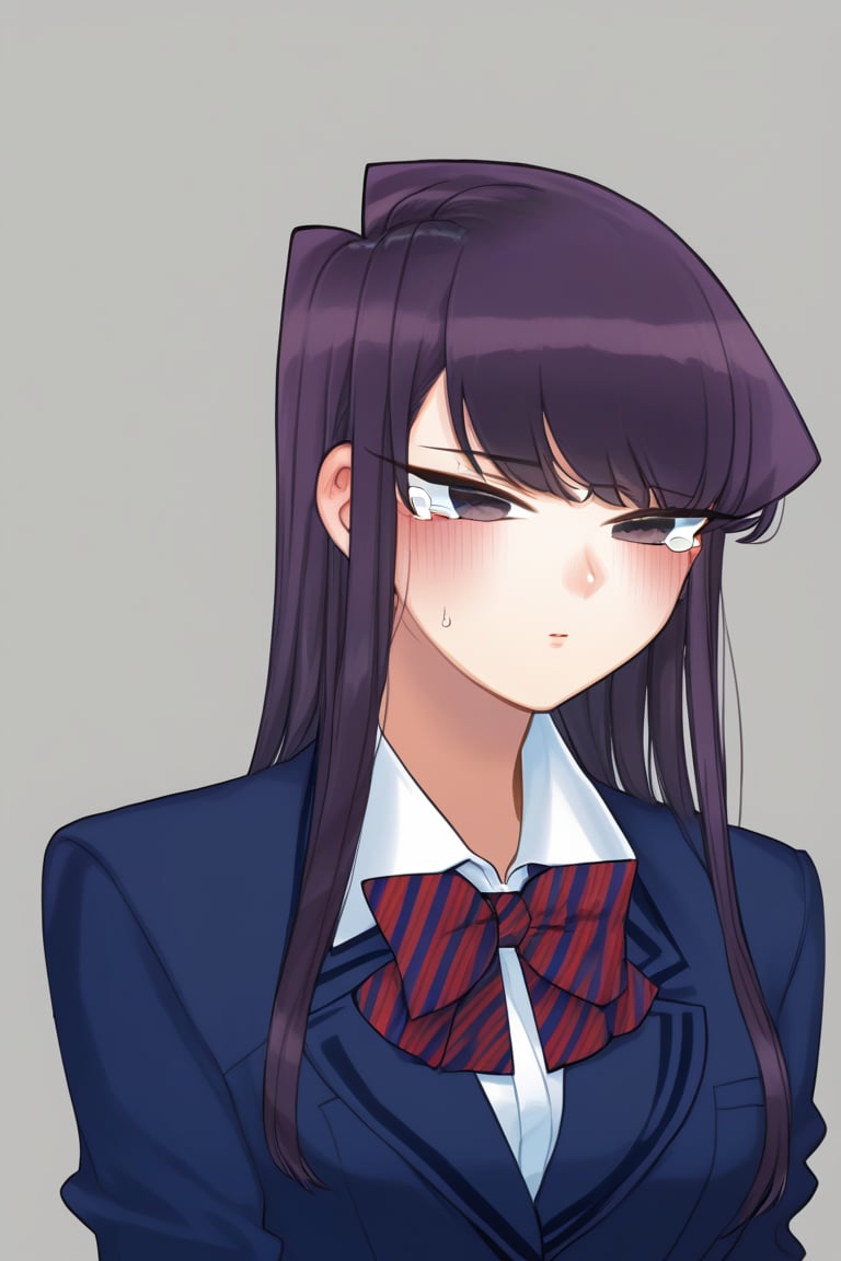 sad woman, crying, school uniform, purple eyes, sad and gloomy expression, long hair, straight hair, long straight hair, very dark purple hair, long haired woman, uniform, school uniform, komi_shouko, sad, tears, loneliness, sadness, alone, background: molested, bullying, school, hallways, laughter, teasing, tears, school hallways,