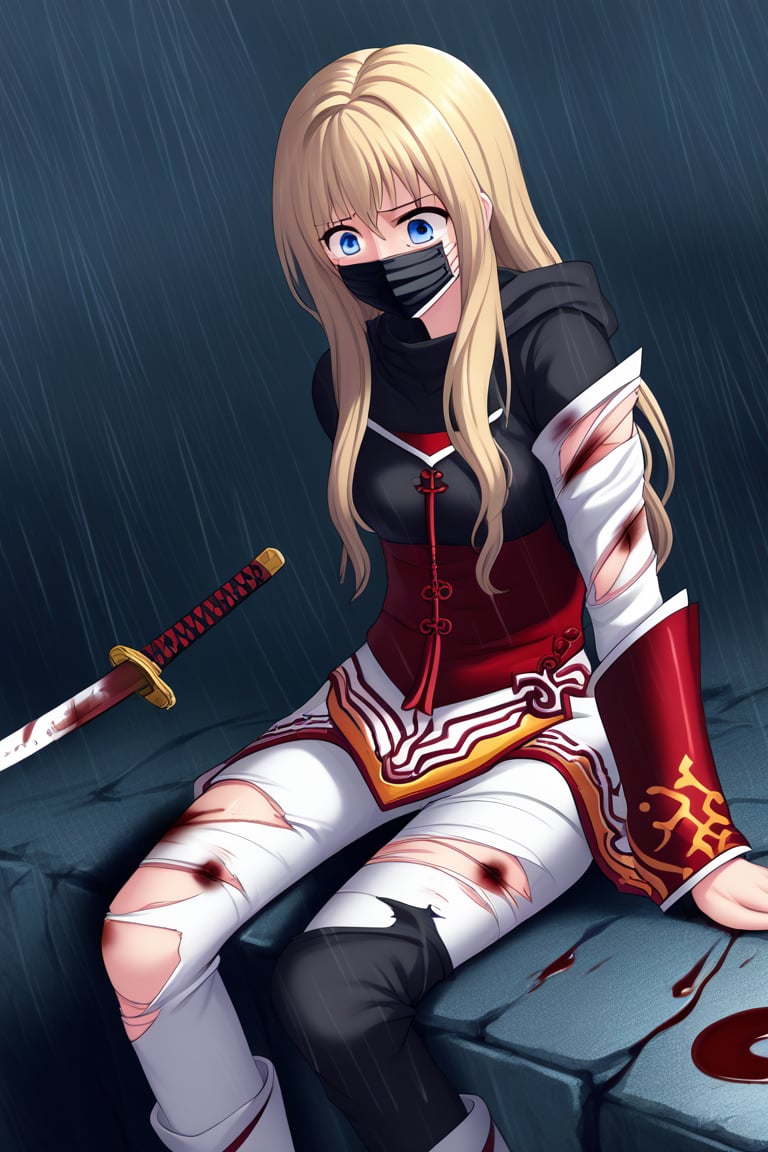 ((masterpiece, best quality)),
female, dark blonde hair, fine features, blue eyes, long hair, black hooded head, black face mask, samurai suit, detailed suit, black fighting suit, torn suit, torn skin suit, bloody suit, black and grey suit, katana, wounds, wounds all over body, blood, pain, hurt, sitting, night background, rain, thunder in the background, shonen anime composition.