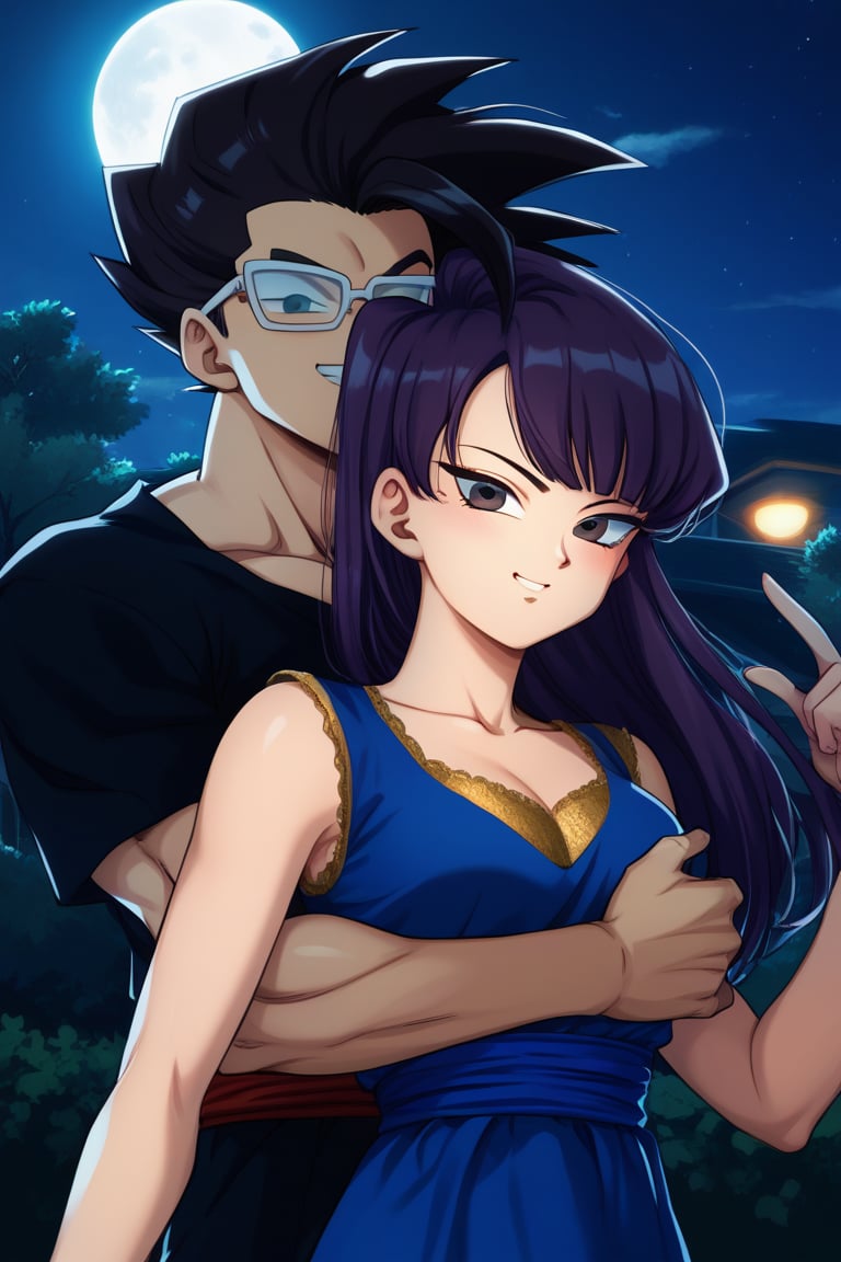 Man and woman hugging. Man with black-framed glasses, scar on left eye running along top and bottom, serious, sharp gaze, dark irises, black irises, black, short, spiky hair with locks standing up in jagged points, long, spiky jet-black hair with a long, spiky lock pointing downwards, jet-black hair, BLACK t-shirt, sideways smile.
sayan, future, score_7_up, score_8_up, score_9, gohan_ultimate,
gohan, black eyes, black clothes, glasses, hug, spiky hair, pompadour, long sleeves, Woman smiling happily, purple eyes, sweet, cheerful expression, long, straight hair, very dark purple hair, sleeveless dress, navy blue dress, dress with gold detailing, gold lace dress, dress with cut out on chest, bare chest. Background: clear night, park, lights, bushes, full moon, shouko komi, blue clothes, source_anime, score_7_up, score_8_up, score_9, gohan_ultimate, komi shouko, hug,