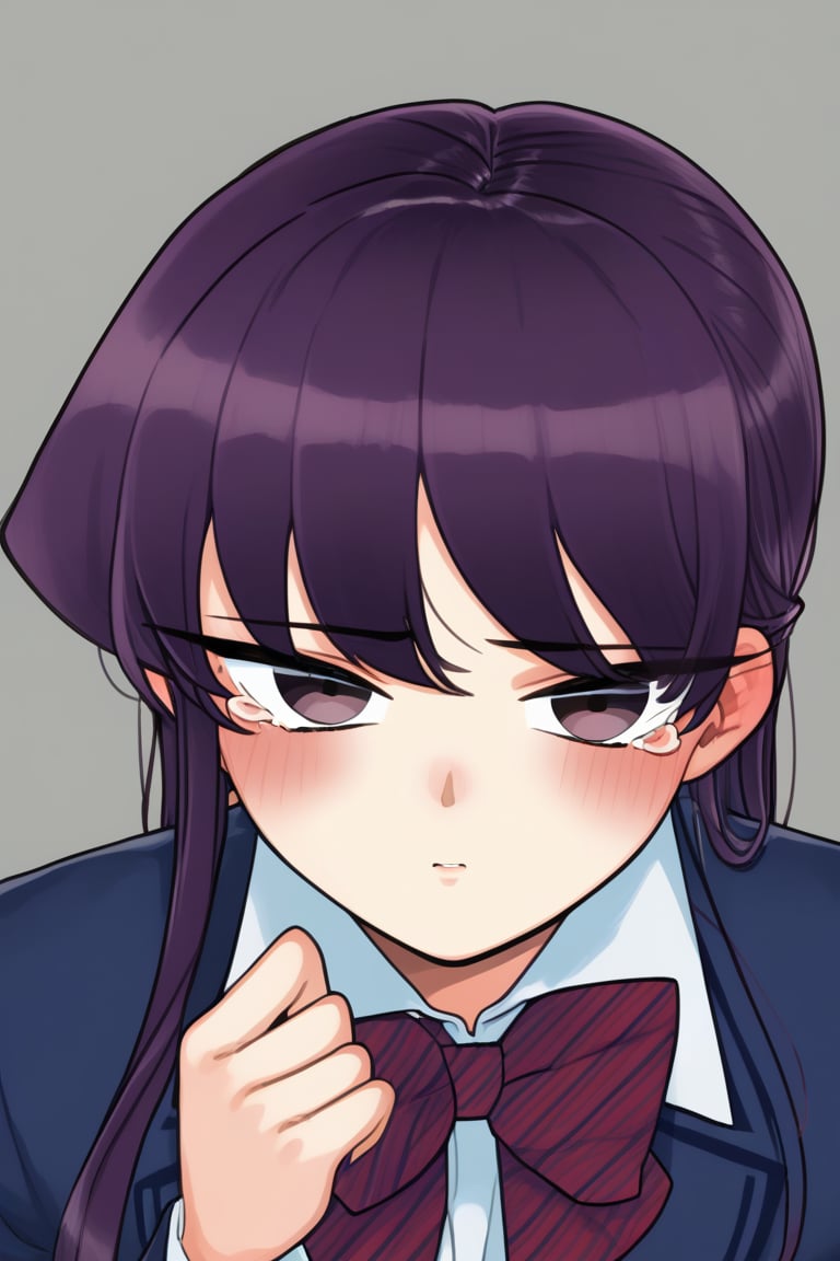 sad woman, crying, school uniform, purple eyes, sad and gloomy expression, long hair, straight hair, long straight hair, very dark purple hair, long haired woman, uniform, school uniform, komi_shouko, sad, tears, loneliness, sad, alone, background: molested, bullying, school, hallways, laughter, teasing, school hallways, people talking, people playing, ren yamai, najimi osana,