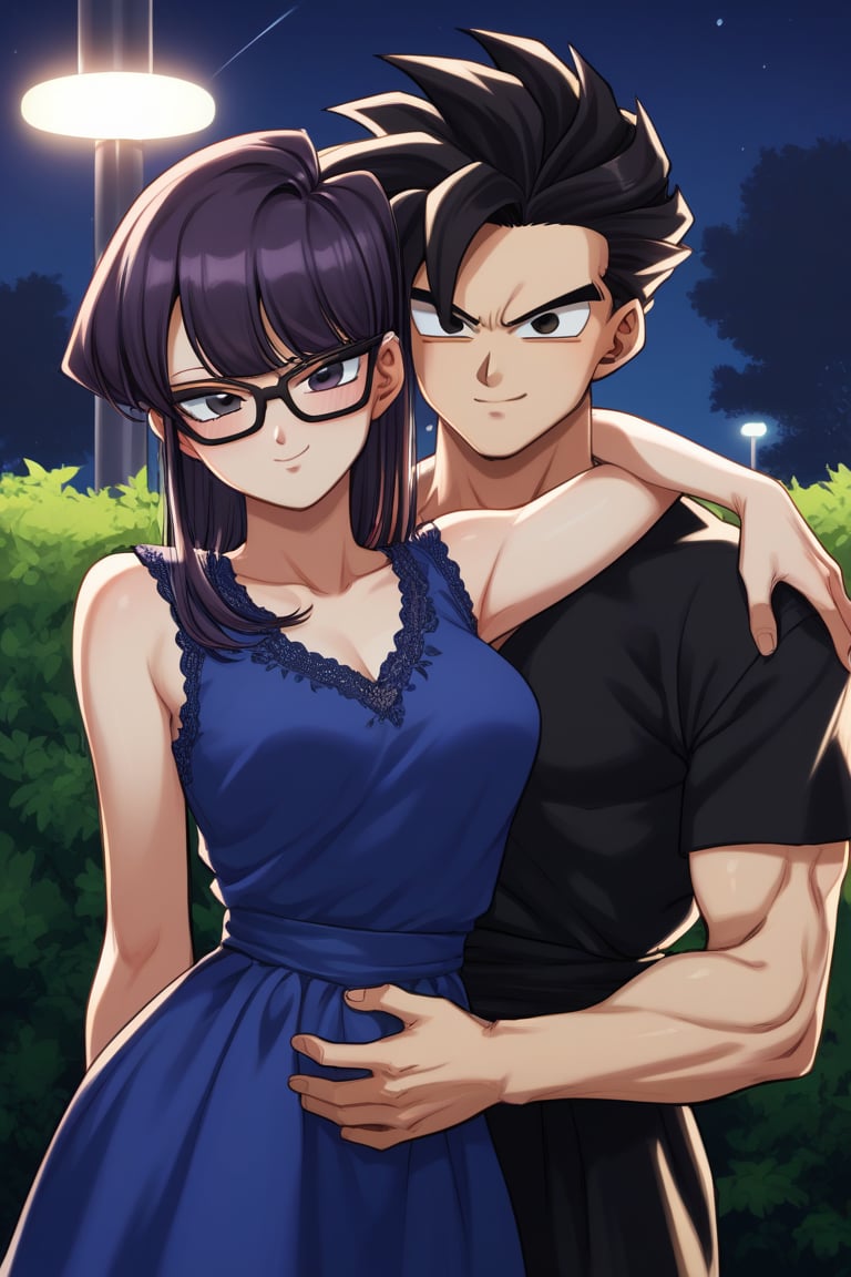 Man and woman hugging. Man black glasses, black glasses, scar left eye, scar left eye, mark on left eye, serious look, penetrating look, dark iris, black iris, black hair, short hair, spiky hair, standing locks, irregular tips, jet black hair, long lock hair, jet black hair, black t-shirt, sleeveless t-shirt, smile, arrogant smile. sayan, future, score_7_up, score_8_up, score_9, gohan_ultimate, gohan, black eyes, black clothes, glasses, hug, spiky hair, long sleeves, long sleeves, Woman smiling happily, purple eyes, sweet and cheerful expression, long straight hair, very dark purple hair, sleeveless dress, sleeveless dress, navy blue dress, dress with gold details, dress with gold details, gold lace dress, gold lace dress, dress with cut in the chest, dress with cut in the chest, bare chest, bare chest, dress with cut in the chest, bare chest. Background: clear night, park, lights, bushes, full moon, shouko komi, blue clothes, source_anime, score_7_up, score_8_up, score_9, gohan_ultimate, komi shouko, hug,